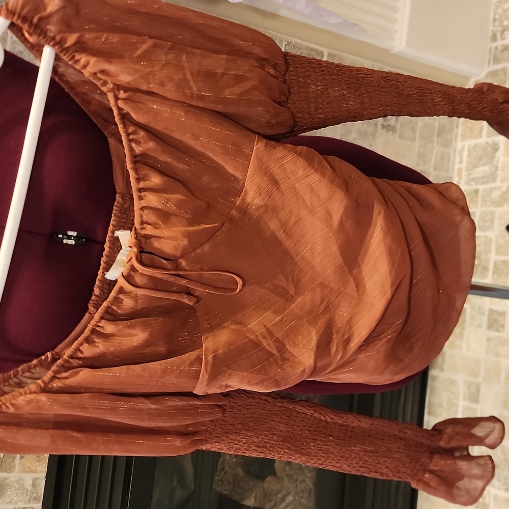 Wayf Orange Ruched Ruffled Blouse
